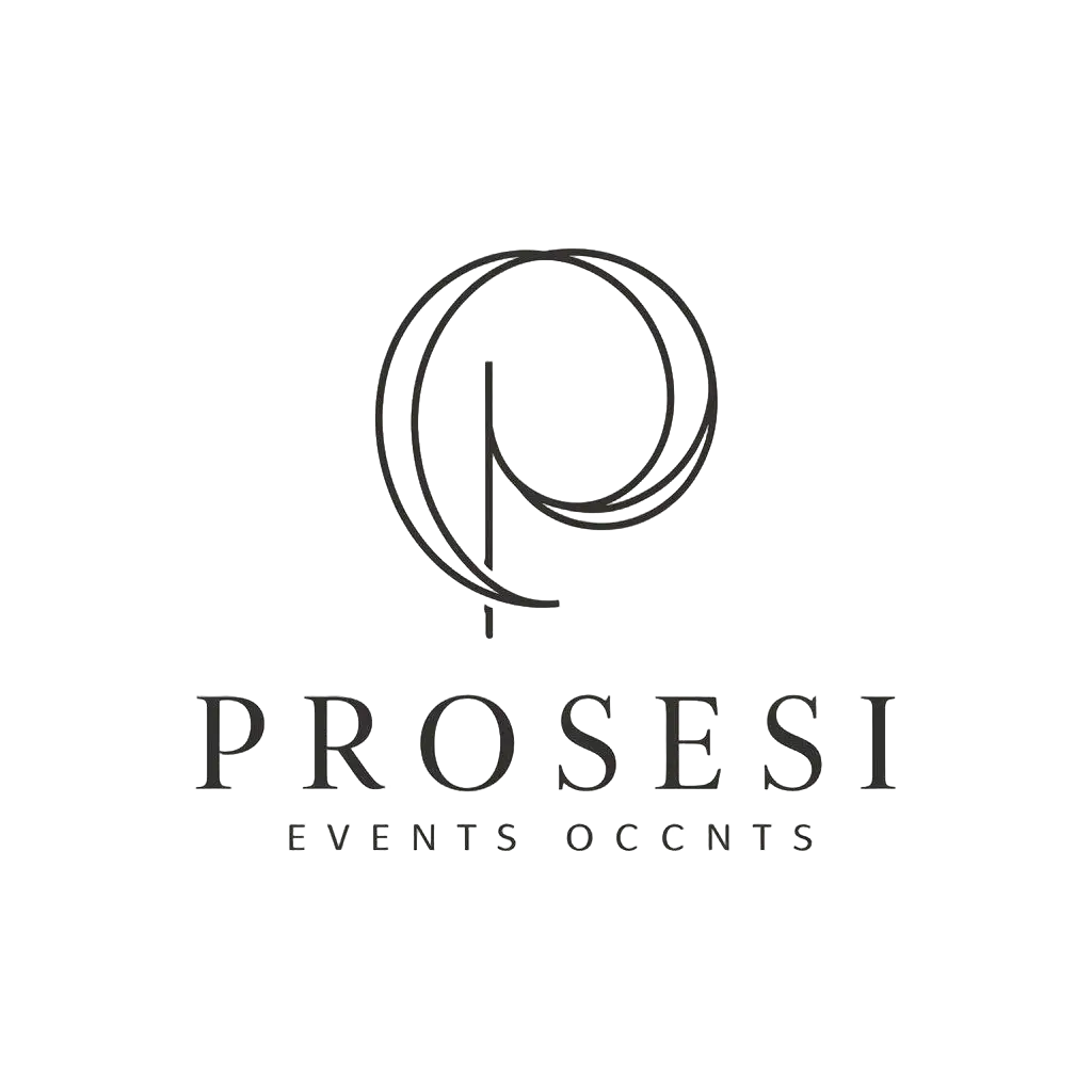 a vector logo design,with the text "Prosesi", main symbol:Icon P with an elegant design inspired by special occasions such as weddings, birthdays, office events, family, etc.,Minimalistic,be used in Events industry,clear background