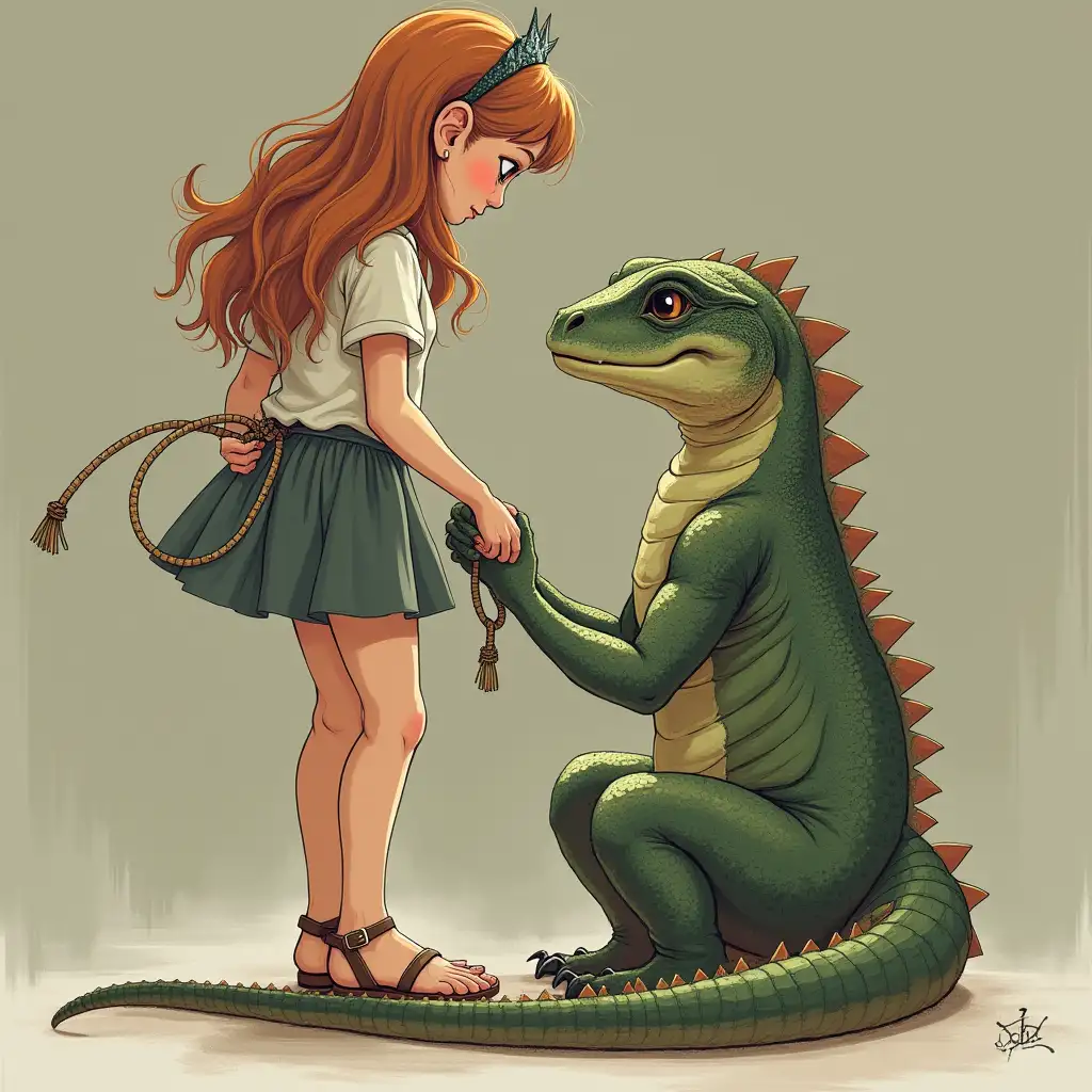 Little-Princess-Held-by-Reptilian-on-High-Platform-in-Sandals-and-Miniskirt