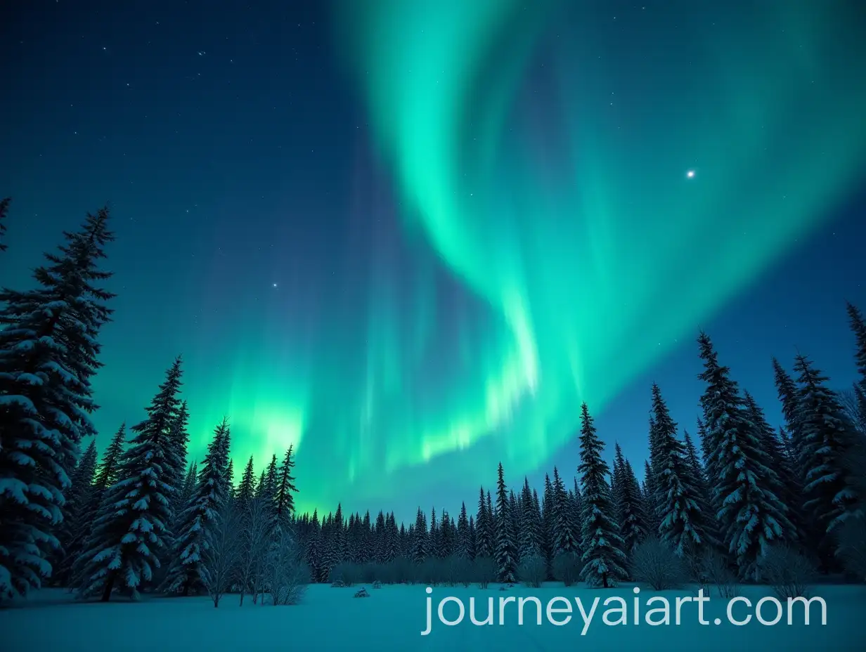 Northern-Lights-Dancing-Above-Snowy-Forest-with-Coniferous-Trees