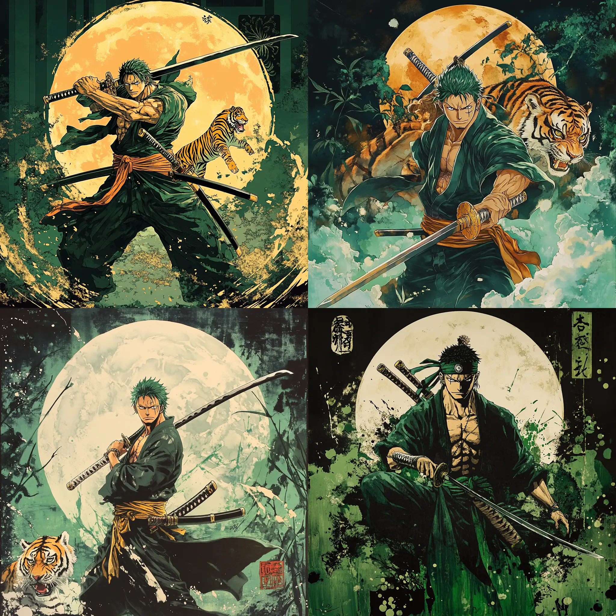 Roronoa-Zoro-Three-Swords-Sumie-Ink-Poster-Design-with-Moon-and-Tiger