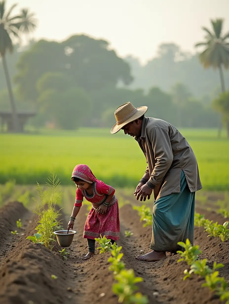 Village view: A farmer working in the fields along with his daughter. The daughter is wearing traditional Indian attire, playing in the dirt or watering the crops.