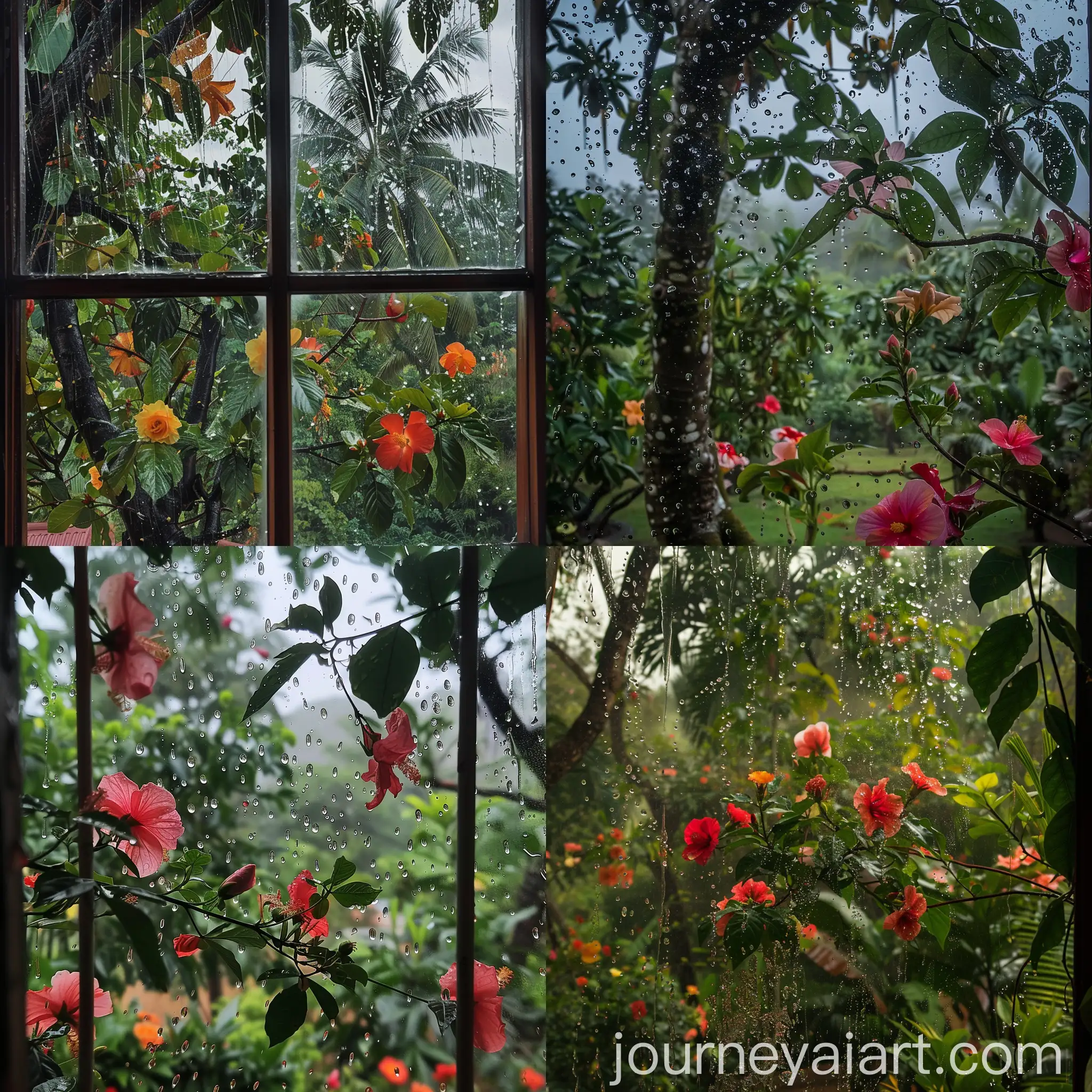 Rainy-Day-in-Kerala-View-from-Window-with-Blooming-Hibiscus-and-Mango-Tree