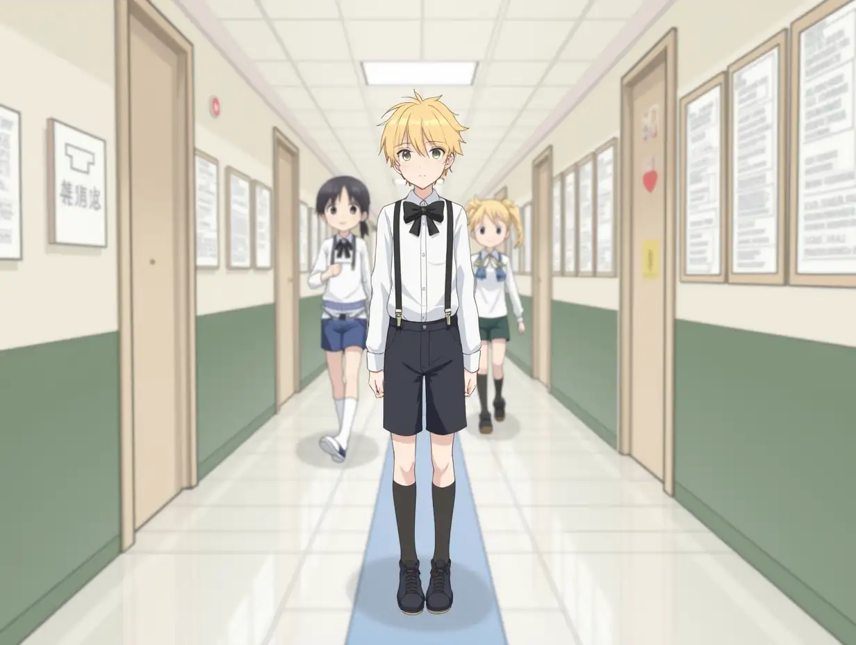 1boy, black_bow, black_bowtie, black_footwear, black_shorts, blonde_hair, perfect hands, full_body, kneehighs, long_sleeves, male_focus, shirt, shoes, shorts, solo, standing, suspender_shorts, suspenders, white_shirt, Standing in the school hallway, other children in the background