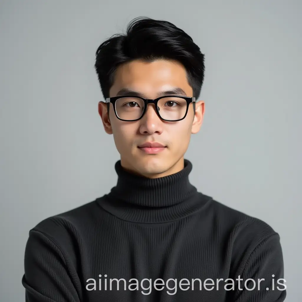 Create an ultra-realistic image of a young man with short, well-groomed black hair, wearing a formal high-neck sweater in a solid dark color, like charcoal gray or black. The man should wear stylish rectangular glasses, similar to the ones in the reference image. The background should be a neutral, professional studio setting with a light gray or white backdrop. The lighting should be soft, focusing on the face to highlight confidence and professionalism. The image should have a clean, polished look, suitable for a LinkedIn profile picture, with the subject's facial features closely resembling the provided reference.