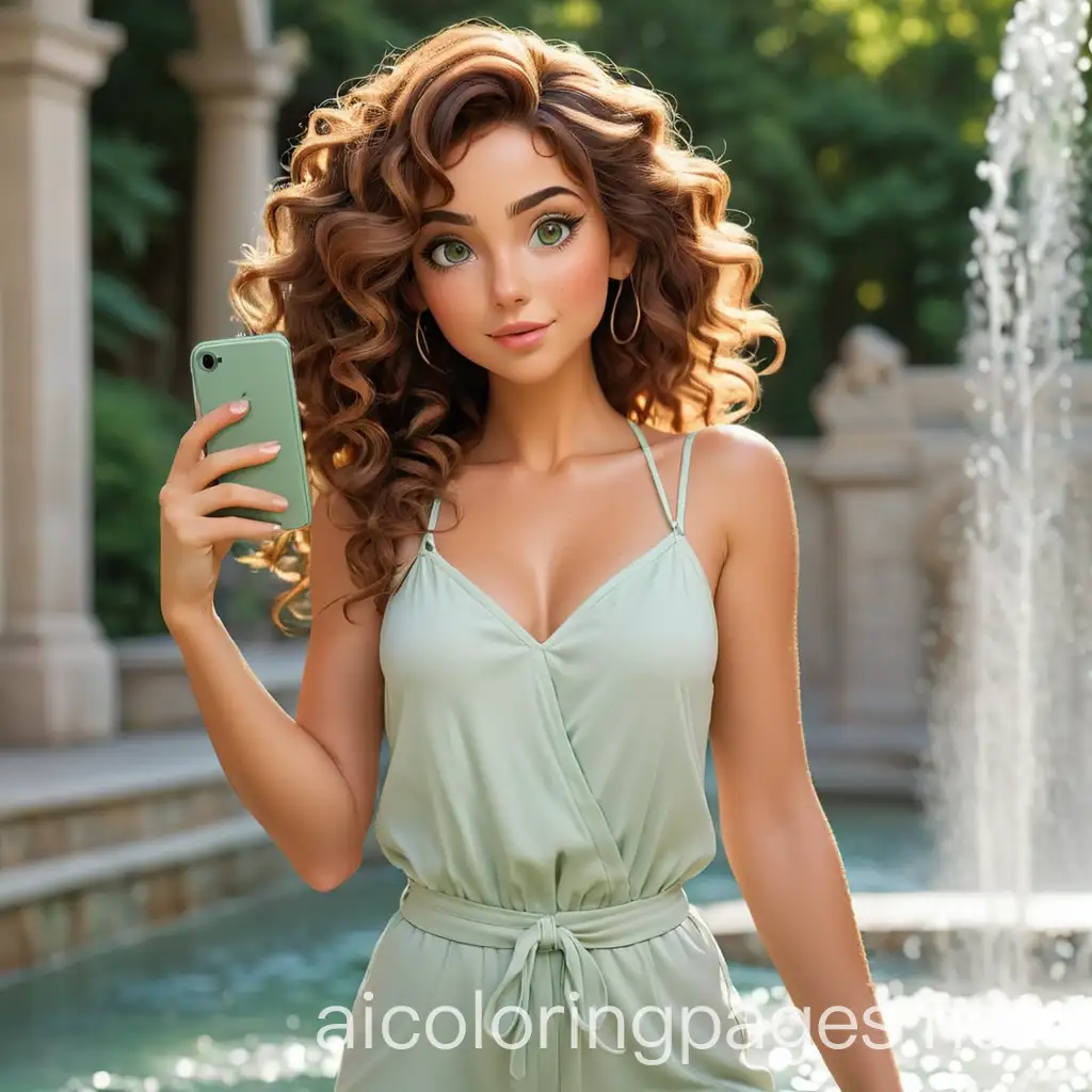 Woman-Taking-a-Selfie-by-a-Water-Fountain-in-Line-Art-Style