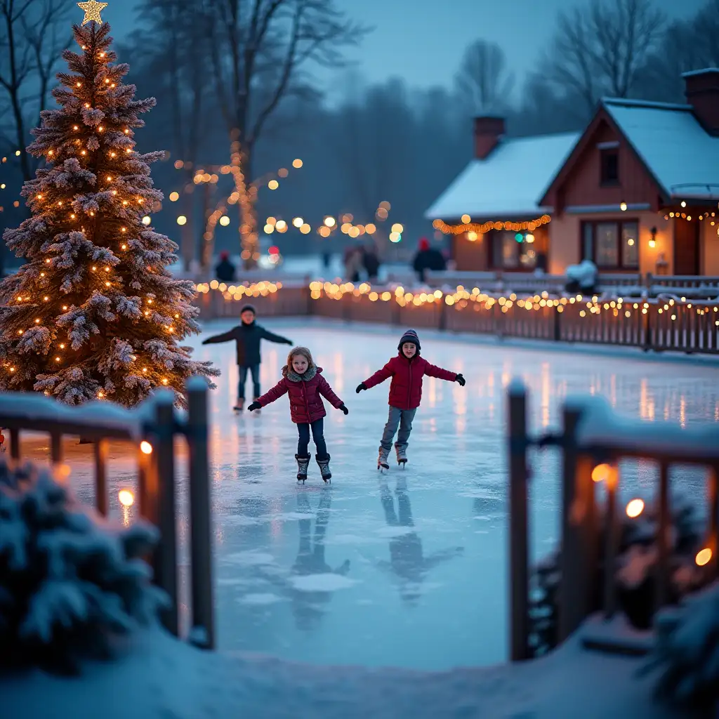 evening big ice-skating rink in the village with a decorated tree and three children on the glass ice, fenced with a New Year's fence, decorated with multi-colored lights, open gate at the front plan, background strongly blurred