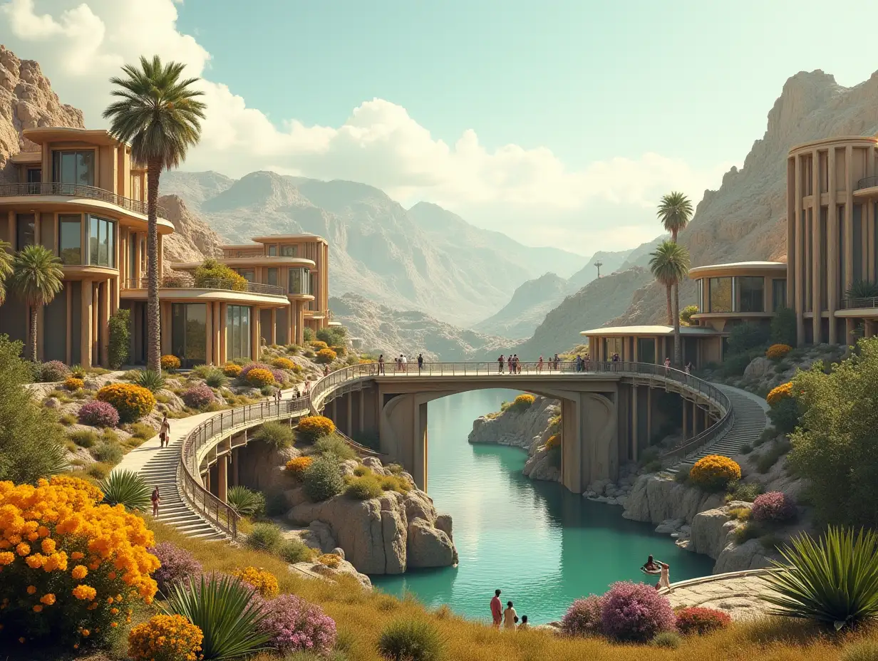 Create a realistic high-resolution panorama image 4k resolution of a large futuristic terrace building settlements with window bridge,many people, many plants and colorful flowers yellow and green facades before the desert oasis, big trees, very cloudy sky