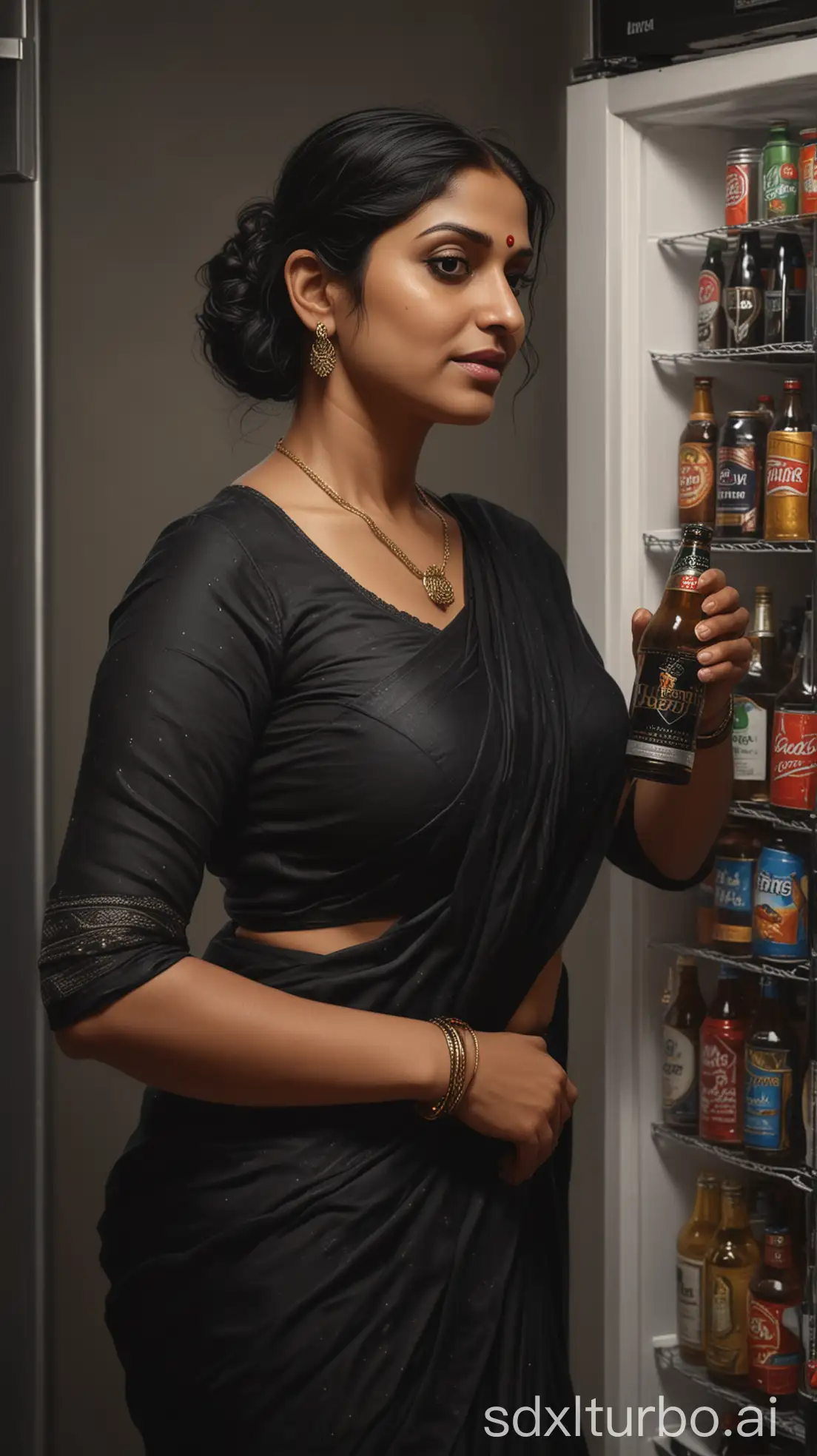 Indian-Woman-in-Black-Saree-Taking-Beer-from-Fridge-Emotional-Scene