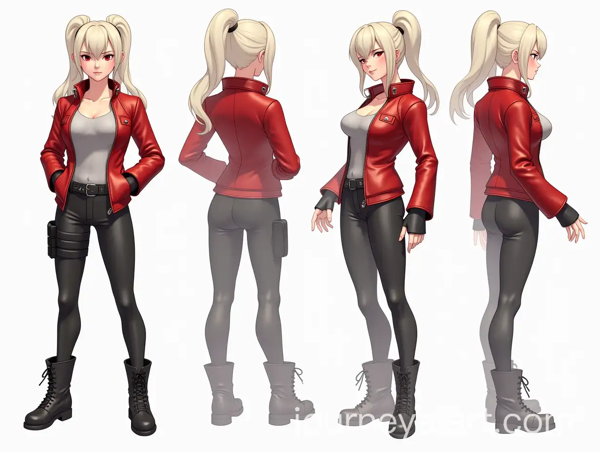 Female-Character-Pose-in-Red-Leather-Jacket-and-Black-Pants-Hyperrealistic-Style