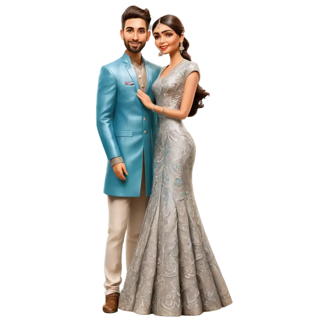 Stunning-Sangeet-Ceremony-PNG-Caricature-Elegant-Bride-in-Silver-Dress-and-Tall-Groom-in-Blue