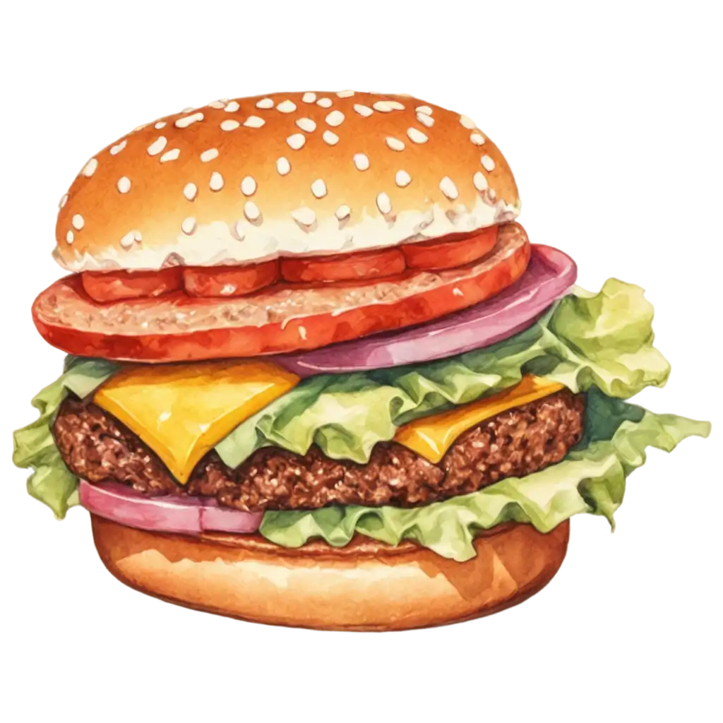 Watercolour-Painted-Style-Hamburger-PNG-Image-Delicious-Artistic-Rendering