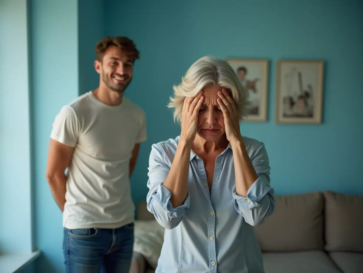 A 50-year-old woman standing with her hands on her head, sad, crying. A young man is standing on the side, cheerful, realism, detailing, light blue walls of the apartment, close-up on the waist