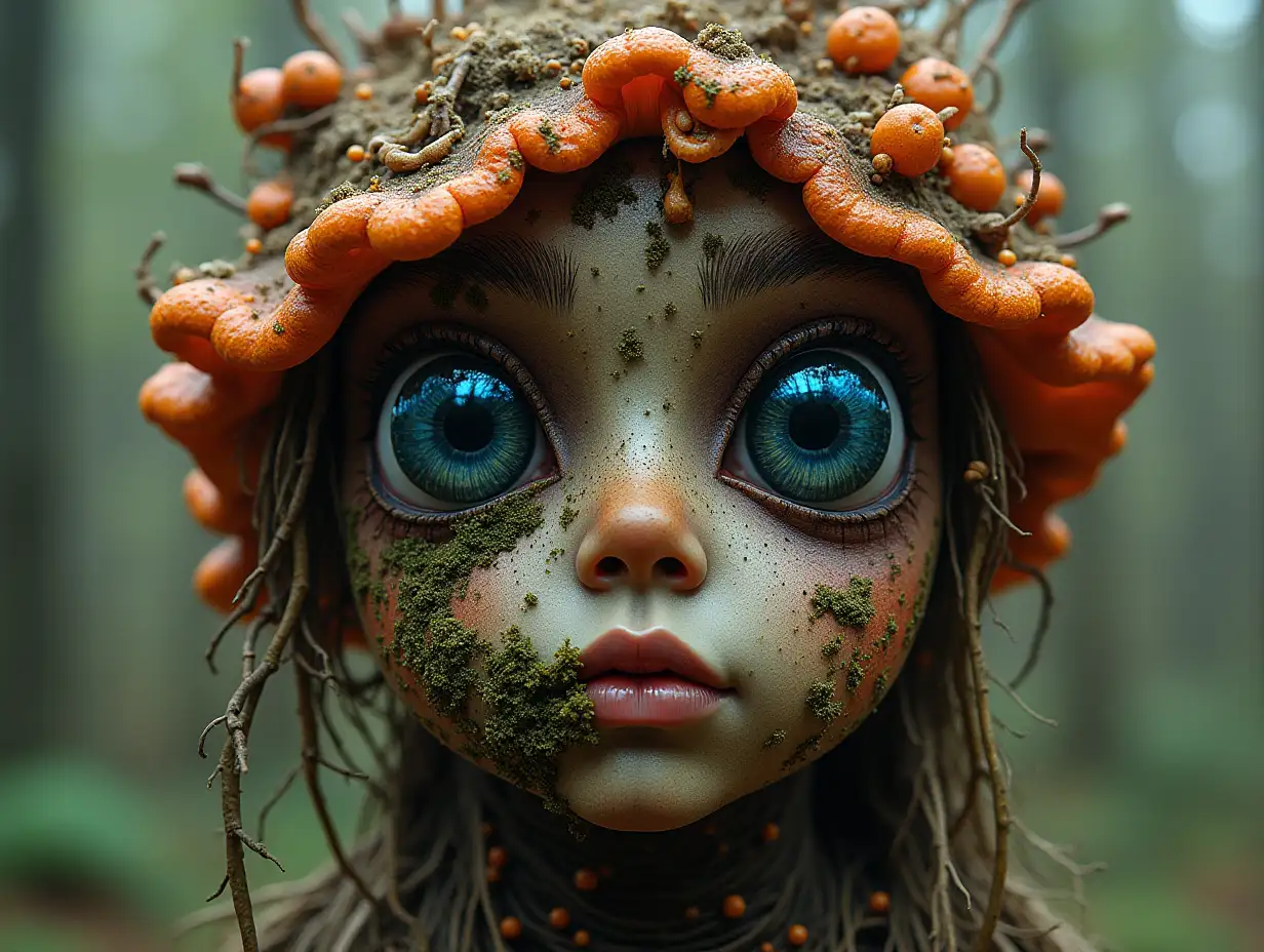 Face with blue Fly AgaricnRoots turned into building