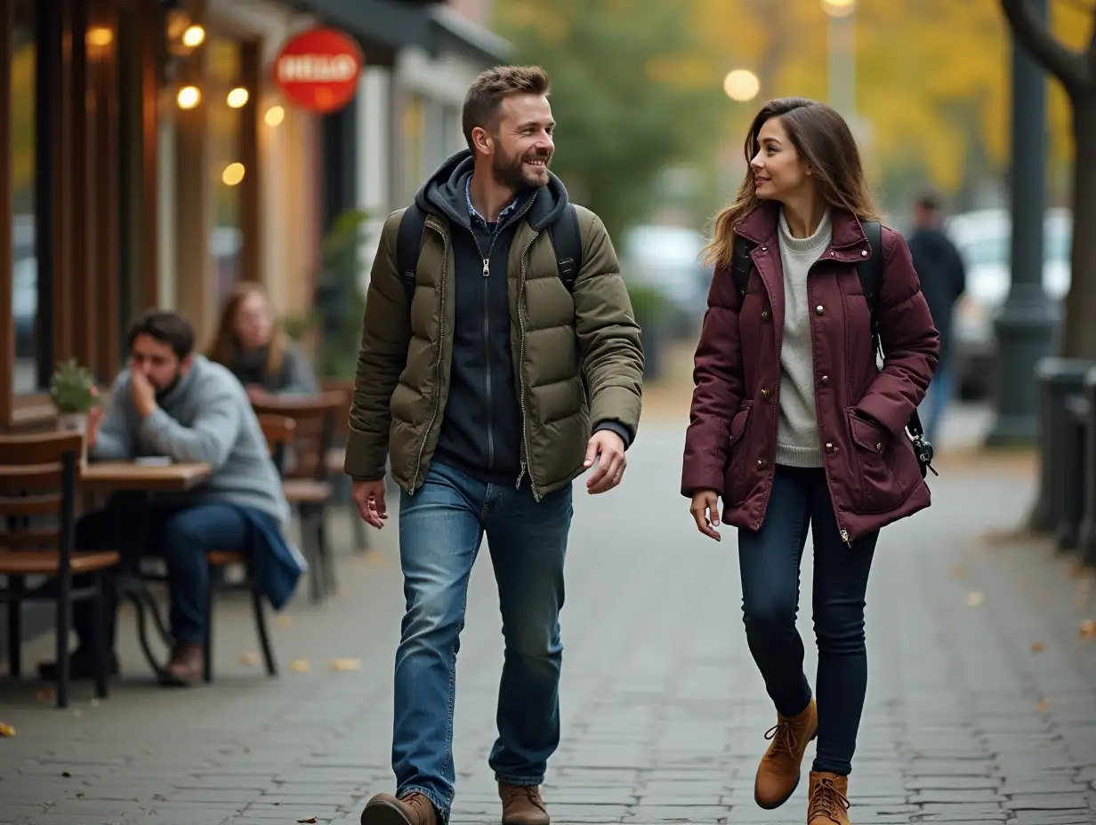 A sequence of images showing the same man passing by the same woman in various locations (e.g., park, street, café). In each image, he looks at her, smiles, and says 'hello,' while she becomes progressively more curious. By the third or fourth frame, her expression has clearly shifted to intrigue, wondering why he doesn’t say more.