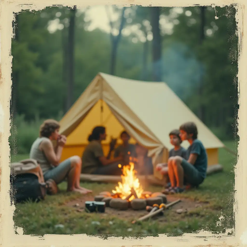 An image that captures the themes of nostalgia, family, and resilience.  nImage: A faded, polaroid-style photo of a family camping trip from the 70s. The image should feature a vintage tent, a campfire, and family members in the background, with their faces blurred or turned away.nColor palette: Muted, earthy tones such as greens, browns, and tans, with a warm, golden light to evoke a sense of nostalgia.nComposition: The image should feature a few scattered objects in the foreground, such as a vintage camera, a fishing rod, or a few scattered leaves, to add texture and depth.nOverall, the image should convey a sense of wistfulness and nostalgia, while also hinting at the complexities and imperfections of family life. The faded, vintage aesthetic could add to the emotional impact of the image, suggesting memories that are both treasured and imperfect.