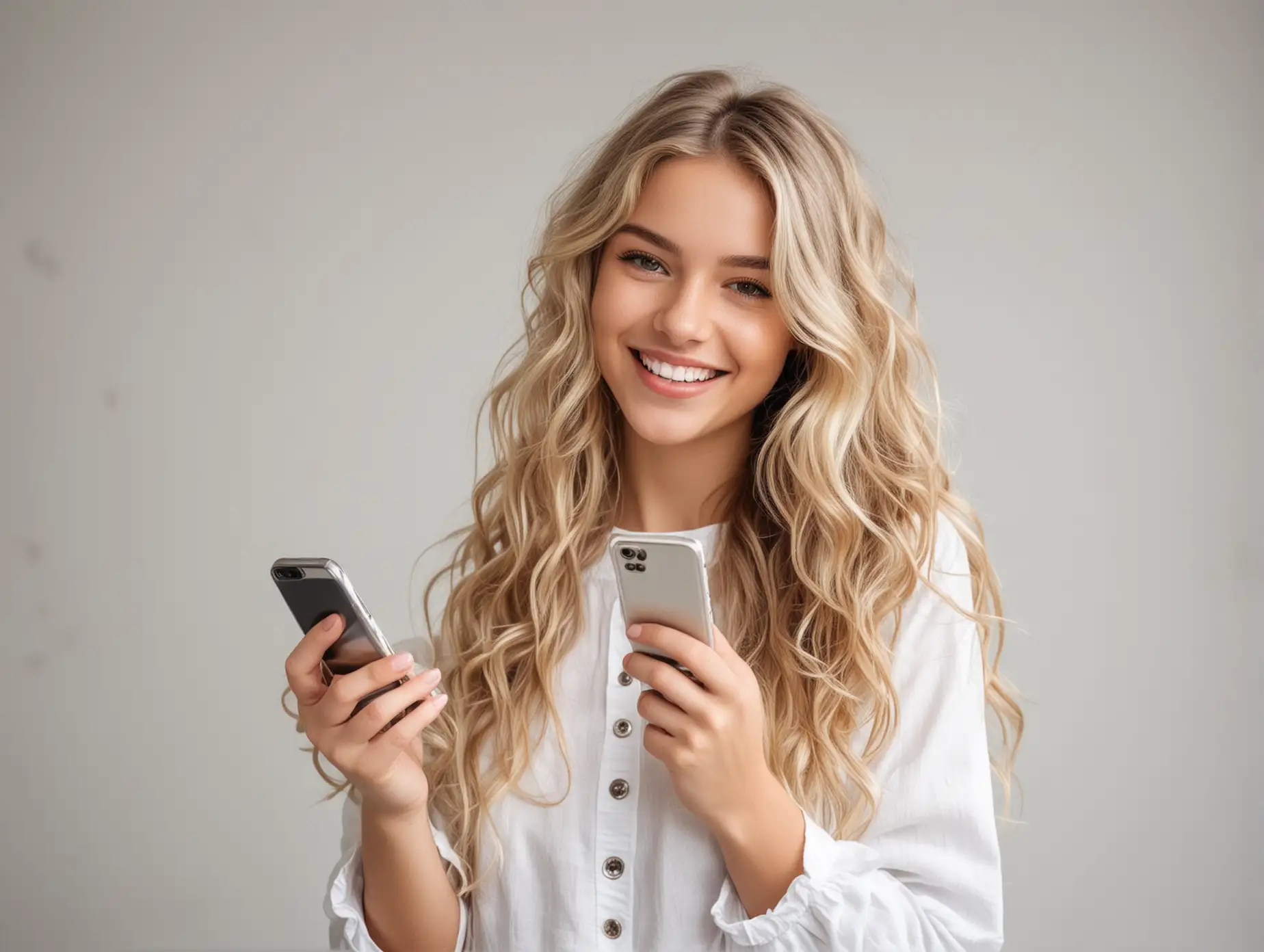 Blonde-Girl-with-Long-Wavy-Hair-Holding-Phone-in-Bright-Lighting