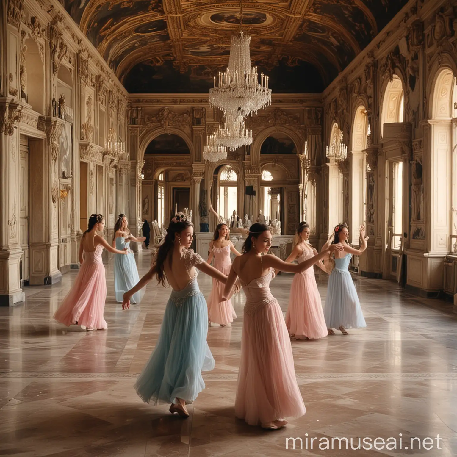 Elegant Girls Dancing in a Luxurious Palace Setting