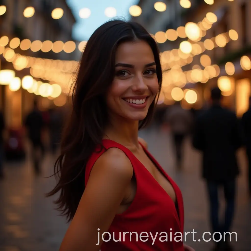 Elegant-Spanish-Beauty-in-Festive-Red-Dress-on-Christmas-Eve-in-Bustling-Town-Square
