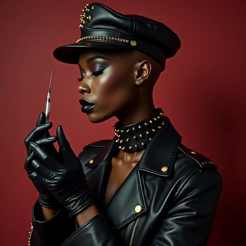 Danai-Gurira-in-Leather-Studded-Gear-Holding-Injection-Needle