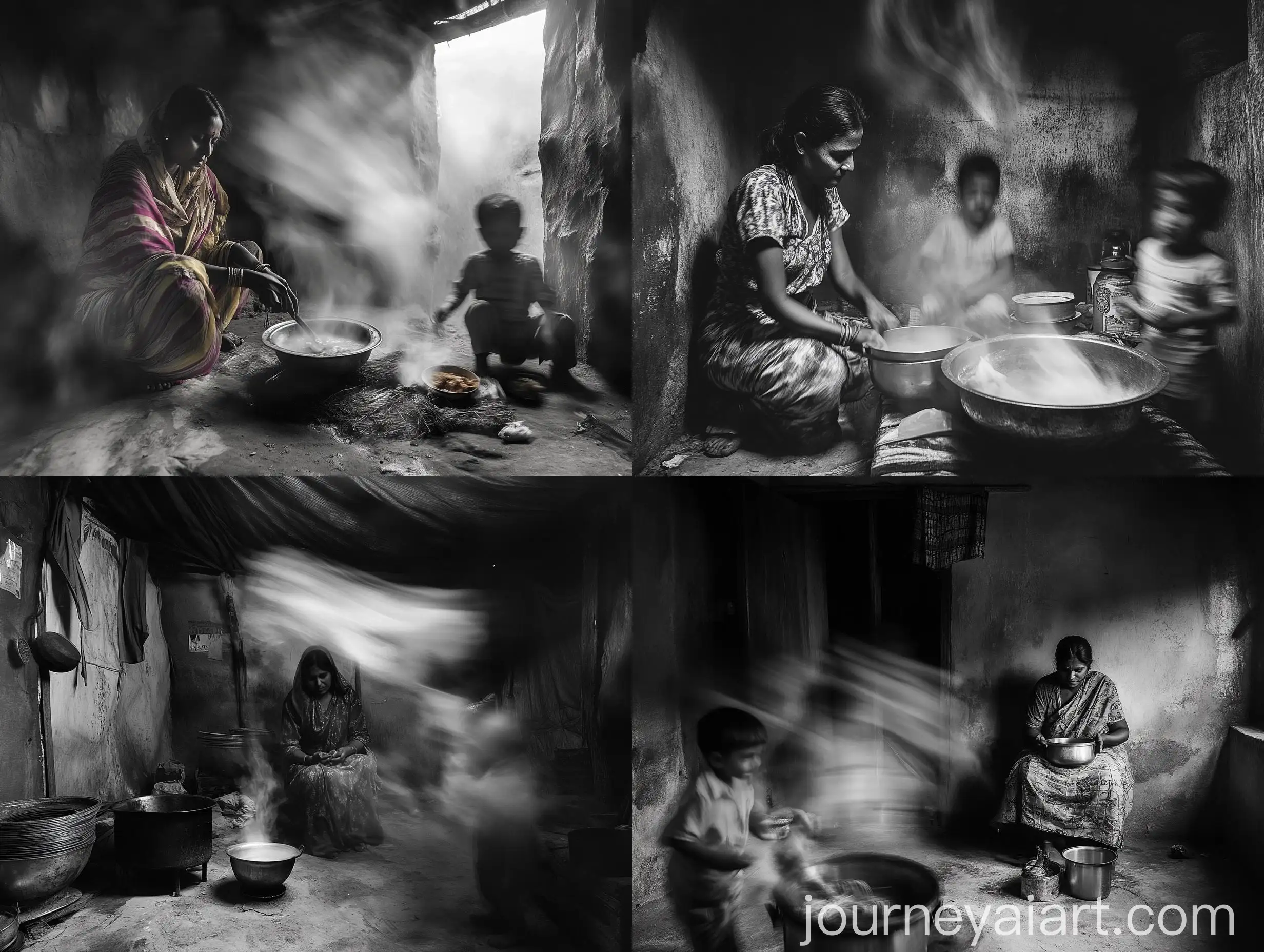 Family-Struggling-in-Rural-Indian-Village-Cooking-Mother-and-Playful-Child-in-Monochrome