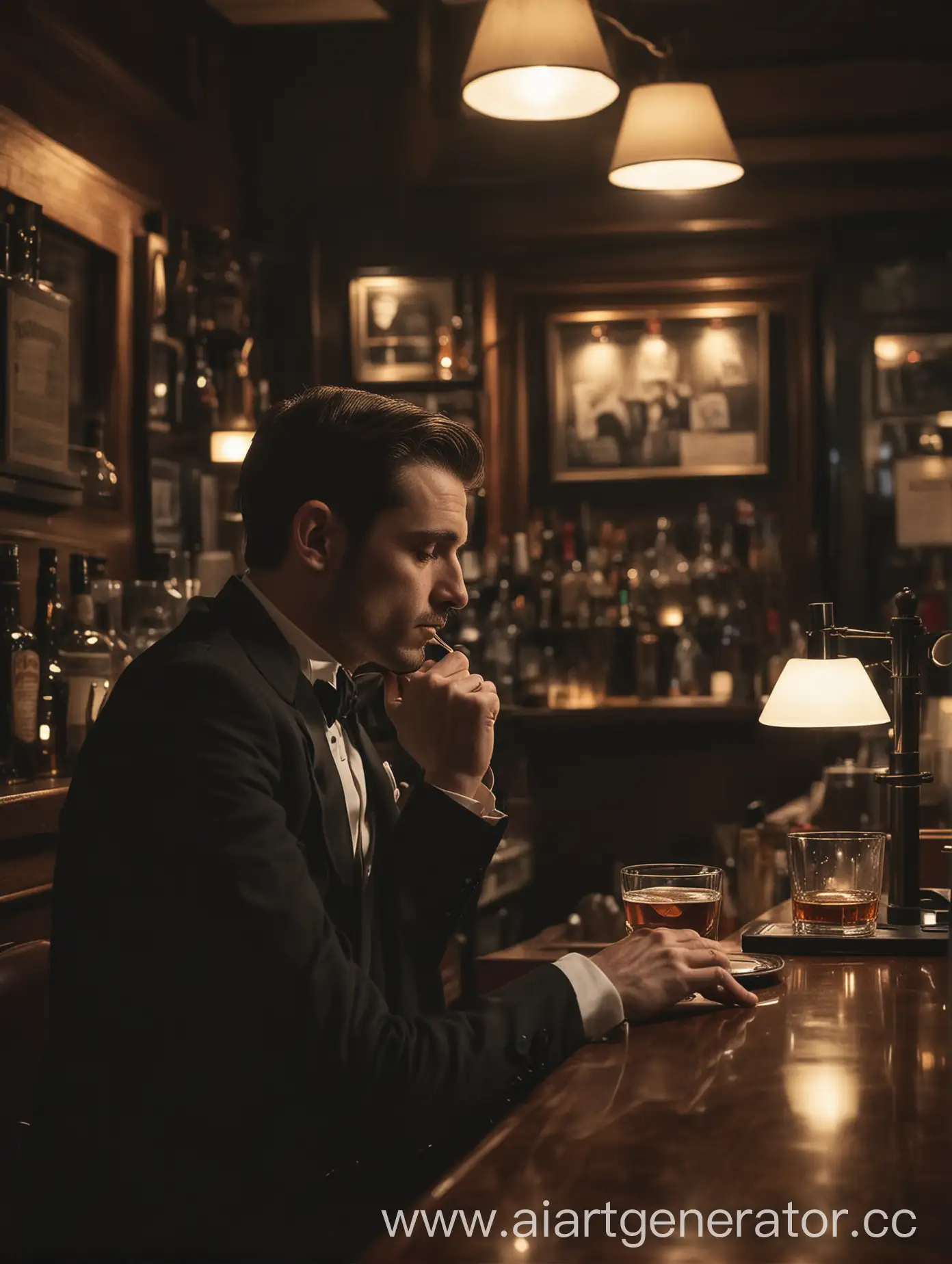 A man in a tuxedo, sitting in profile at a dark wood bar counter in a dimly lit coffee shop. The man is sipping on a glass of whiskey, lost in thought, with a vintage record player in the background.  Warm lighting from a single lamp above the bar counter creates soft shadows. The man is on the left side of the frame, the bar counter is on the right.