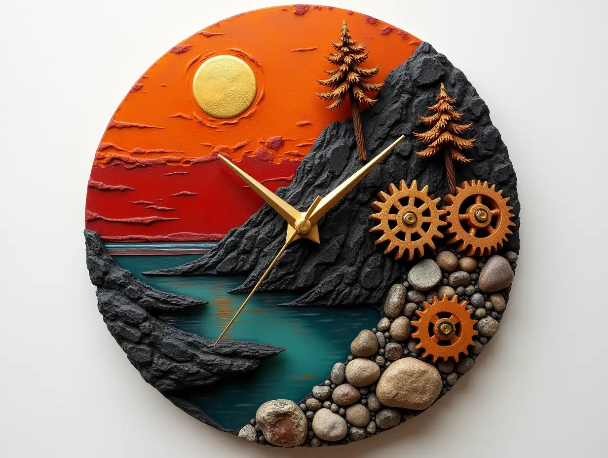 Resin harz wall clock with wood,stones  Water with gears,orange black,red gilded