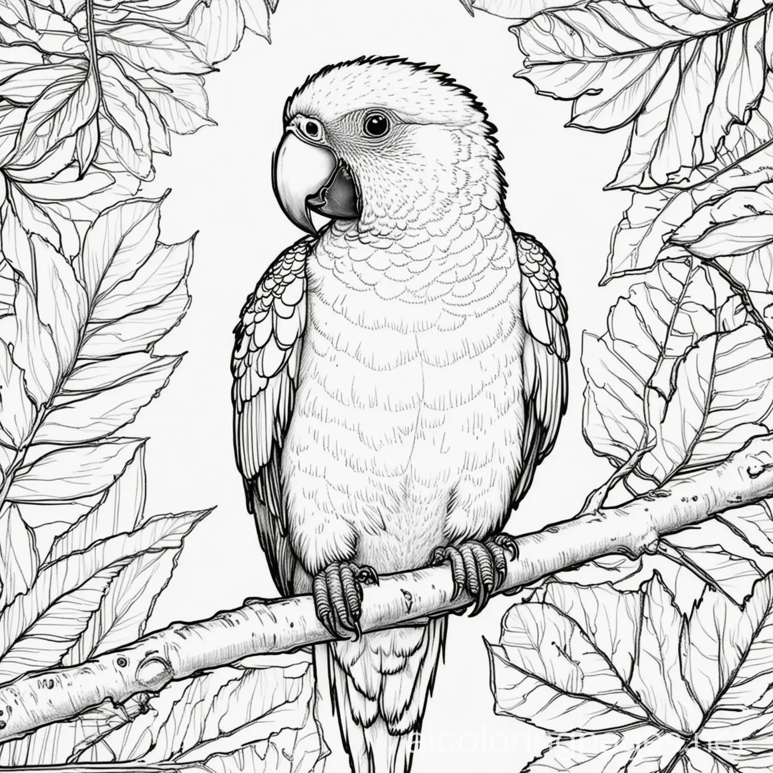 Parrot-on-Branch-Coloring-Page-with-Leaves