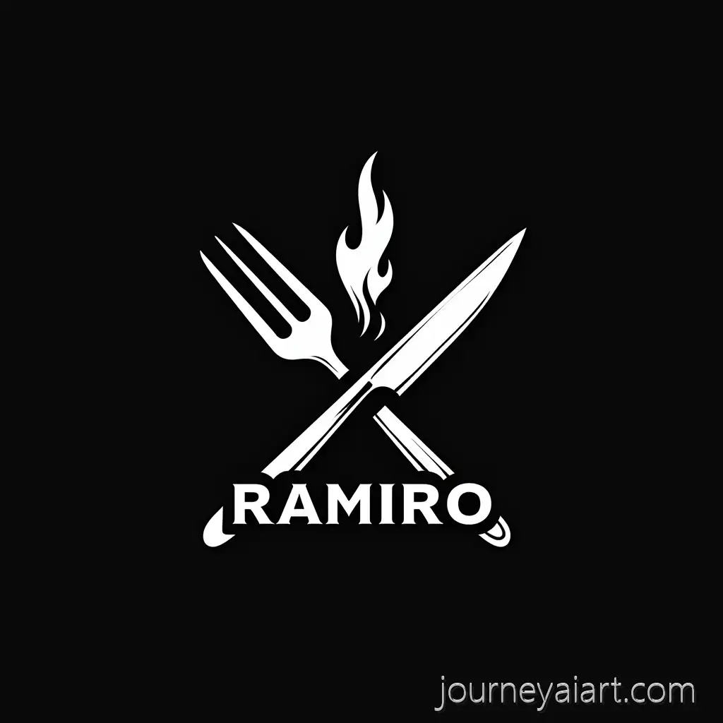 Crossed-KnifeKnife-and-fork-logo-and-Grill-Fork-with-Flame-and-RAMIRO-Logo-Design-in-Black-and-White