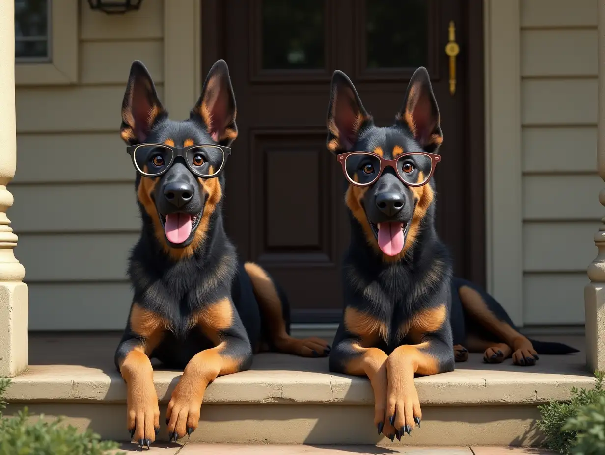 This looks great. I like the glasses on the first one. Can we do the second dog with the glasses like the ones on the first dog? I want to create a canine character for a YouTube Channel. He is an older German Sheppard Dog. He is black & grey, he is lying down on the front porch of a 40s era home, he is lying looking straight at the camera, he has his front legs crossed and he wears reading glasses. I want to make a series of pictures if we can be consistent with the character & the porch.