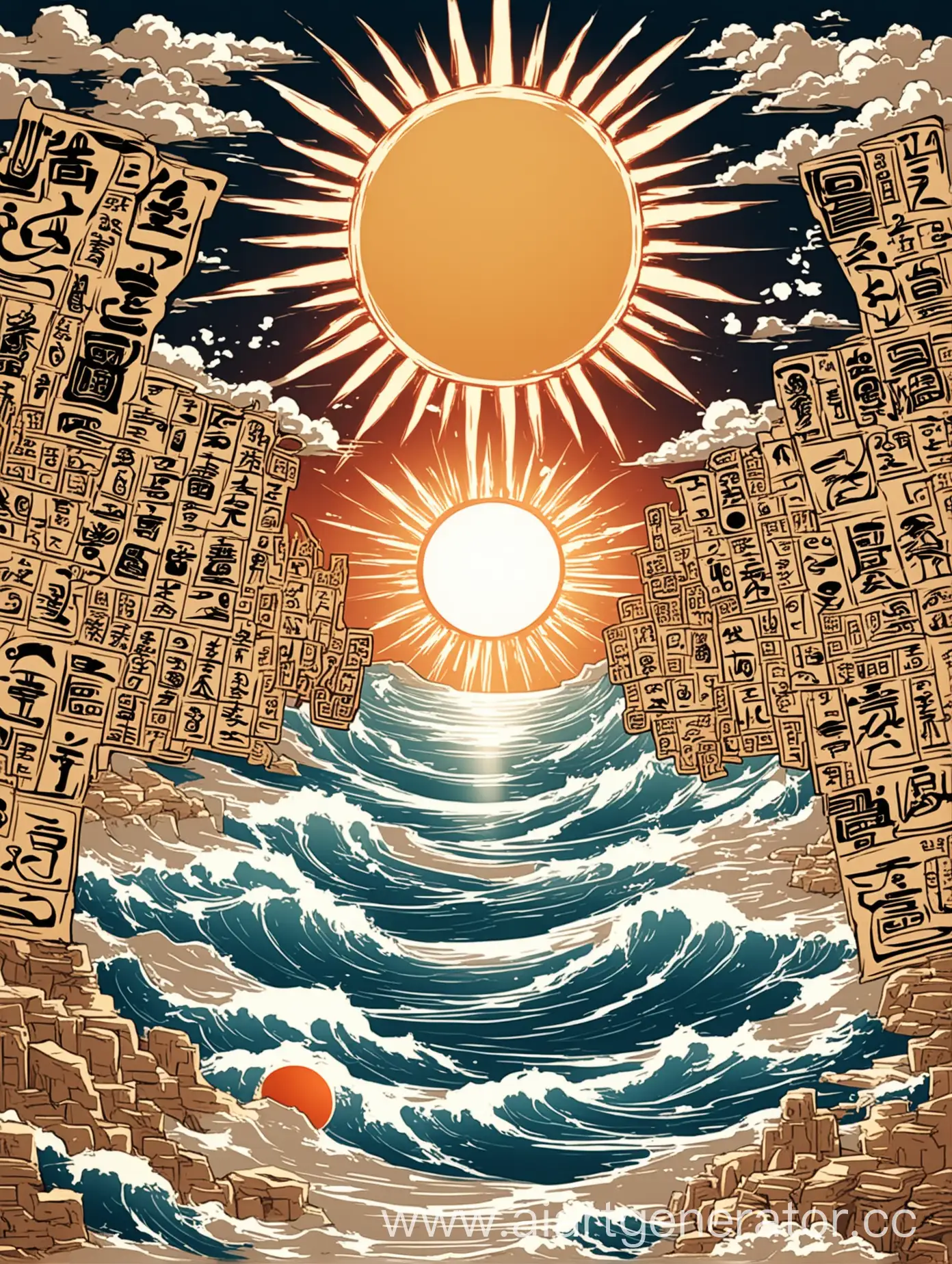 Sun sea Japanese anime style hieroglyphs