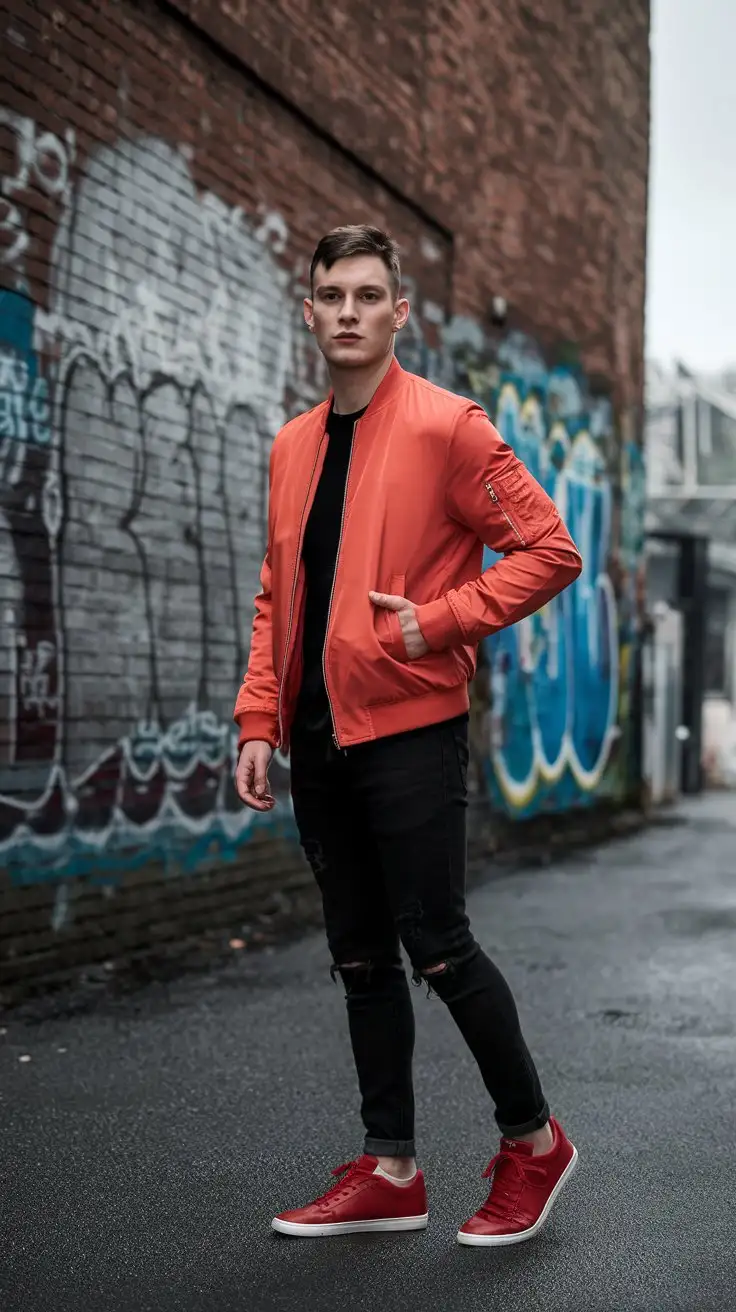 Stylish-Young-Man-in-Red-Bomber-Jacket-and-Ripped-Jeans-Posing-in-Graffiti-Alleyway