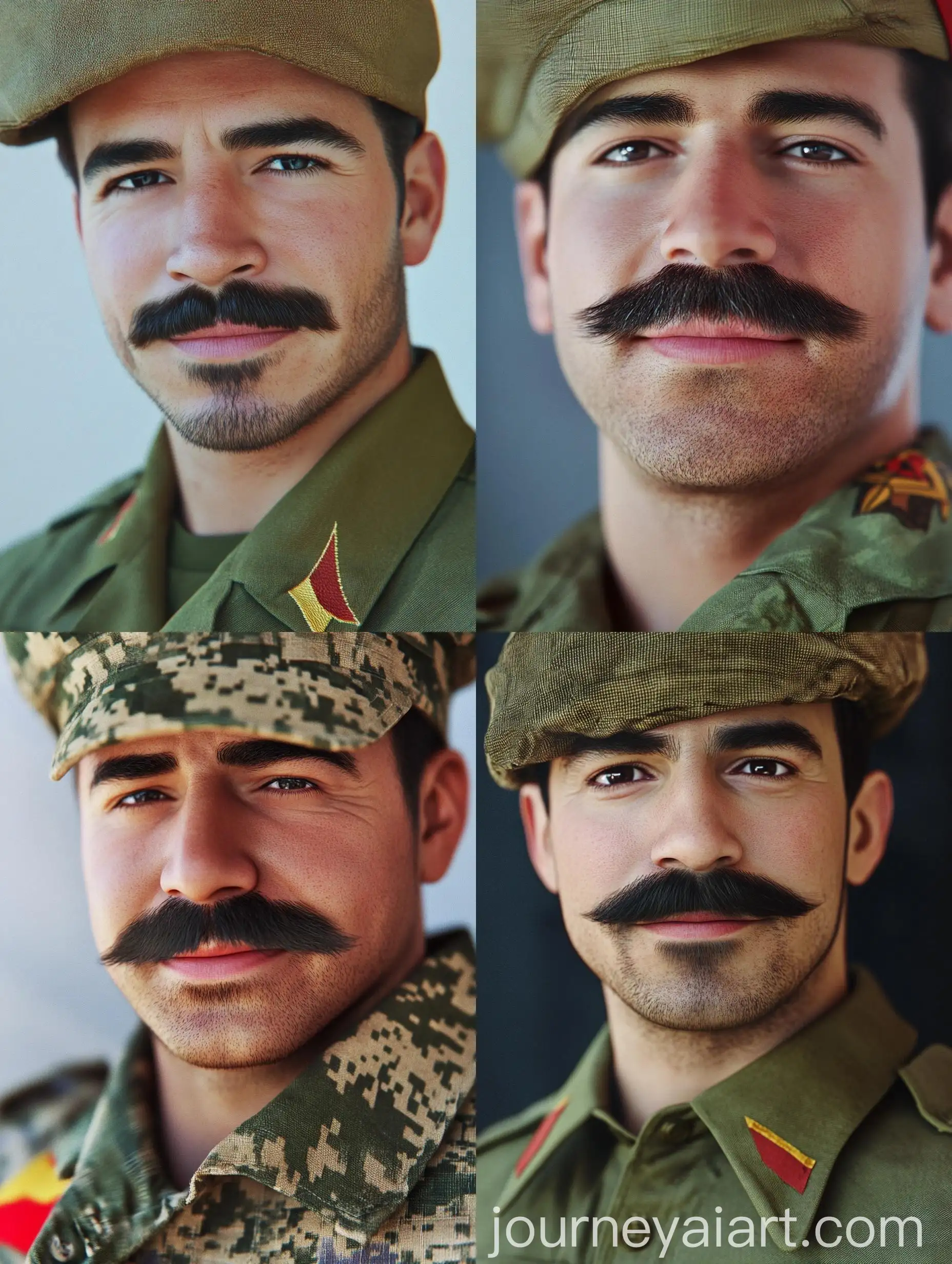 CloseUp-Portrait-of-a-Young-Man-in-Military-Olive-Shirt-with-Moustache