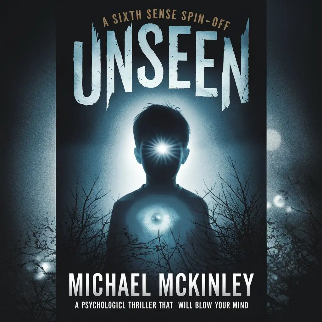 Make a cool and realistic book cover by @MichaelMcKinley3 for a psychological thriller story about the following text: Get ready to have your mind blown by this gripping spinoff inspired by the iconic 1999 chiller, The Sixth Sense. Meet Ben, an ordinary boy living in the heart of Philadelphia with his dad. But Ben's life is about to take an extraordinary turn. Bizarre events start unfolding around him, things he can't understand or explain. Ghostly apparitions, unexplained noises, an eerie feeling of being watched... what's happening to him? As the strange occurrences escalate, Ben finds himself drowning in a sea of fear and confusion. Who can he trust? Who will believe him? Will he find a way to uncover the truth behind the terrifying events plaguing him, or will he succumb to the madness creeping over him? Immerse yourself in this heart-pounding, psychological thriller that will keep you on the edge of your seat. With its shocking twists and turns, this story is sure to appeal to fans of The Sixth Sense and anyone who loves a good mind-bending mystery.