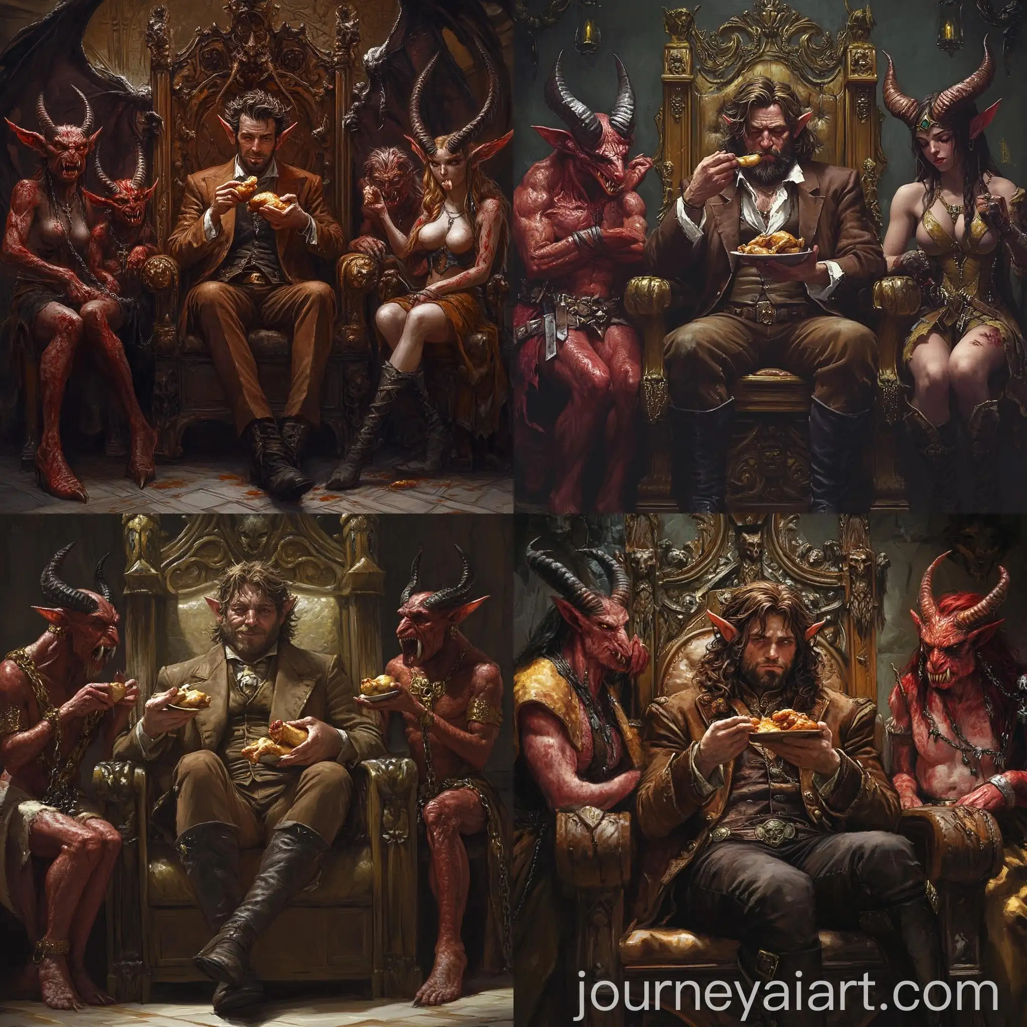Elven-Man-on-Ornate-Throne-Eating-Chicken-Drumsticks-with-Submissive-Tieflings