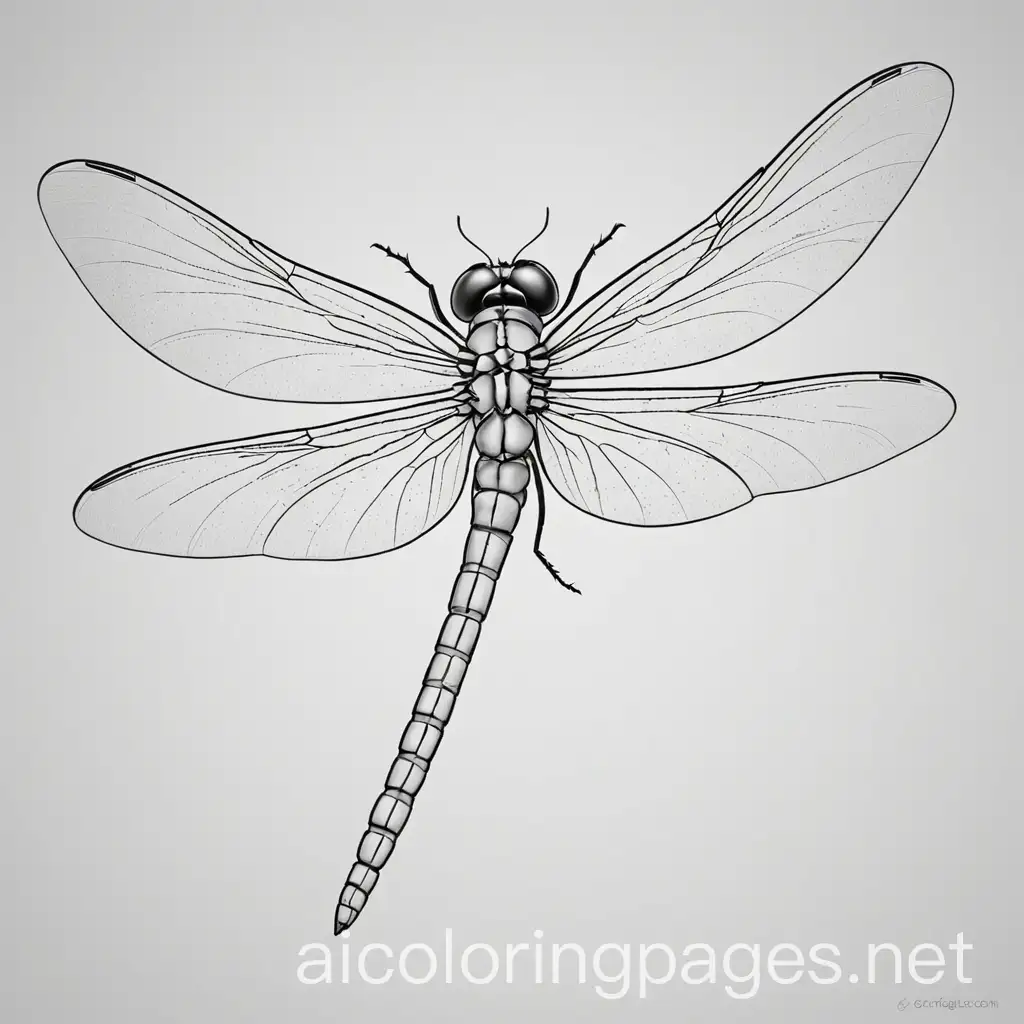 Dragonfly, Coloring Page, black and white, line art, white background, Simplicity, Ample White Space. The background of the coloring page is plain white to make it easy for young children to color within the lines. The outlines of all the subjects are easy to distinguish, making it simple for kids to color without too much difficulty