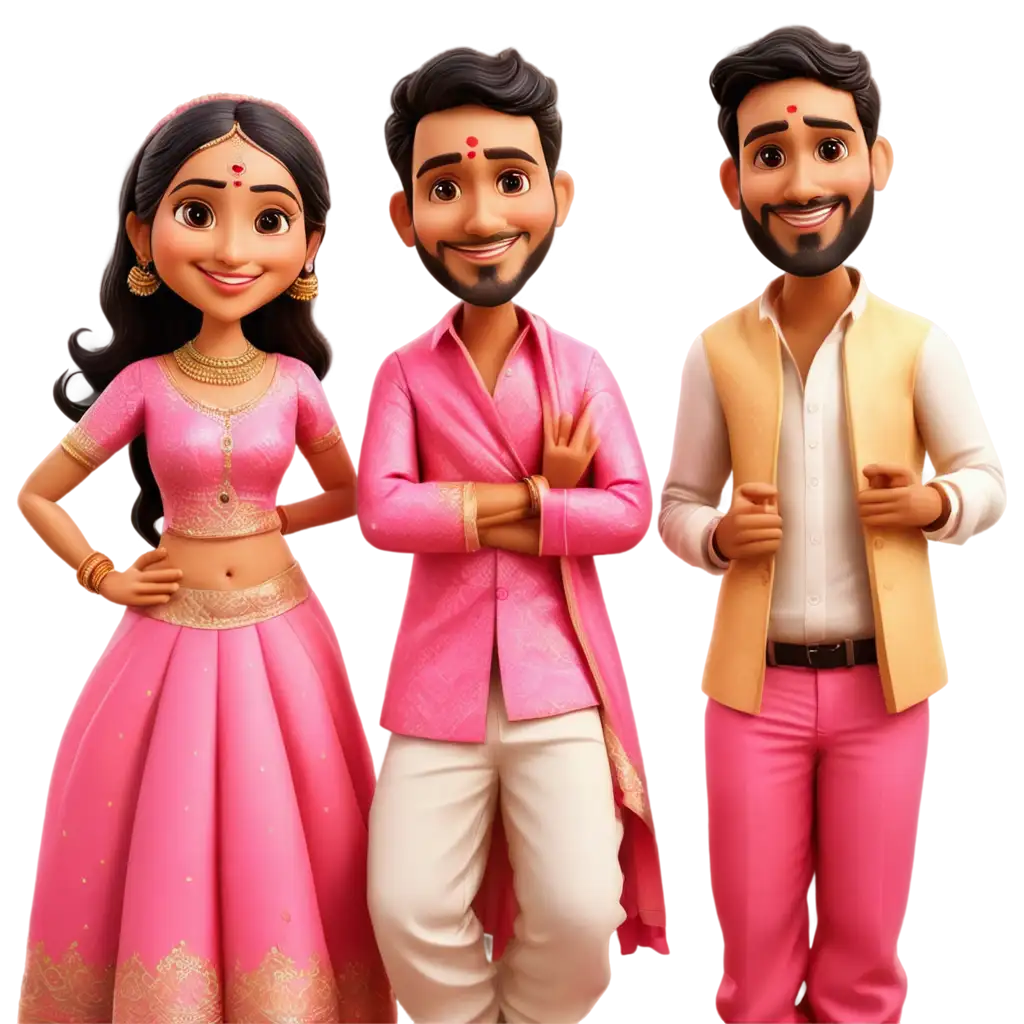 South-Indian-Wedding-Caricature-PNG-Bride-in-Pinkish-Saree-Groom-in-Lungi