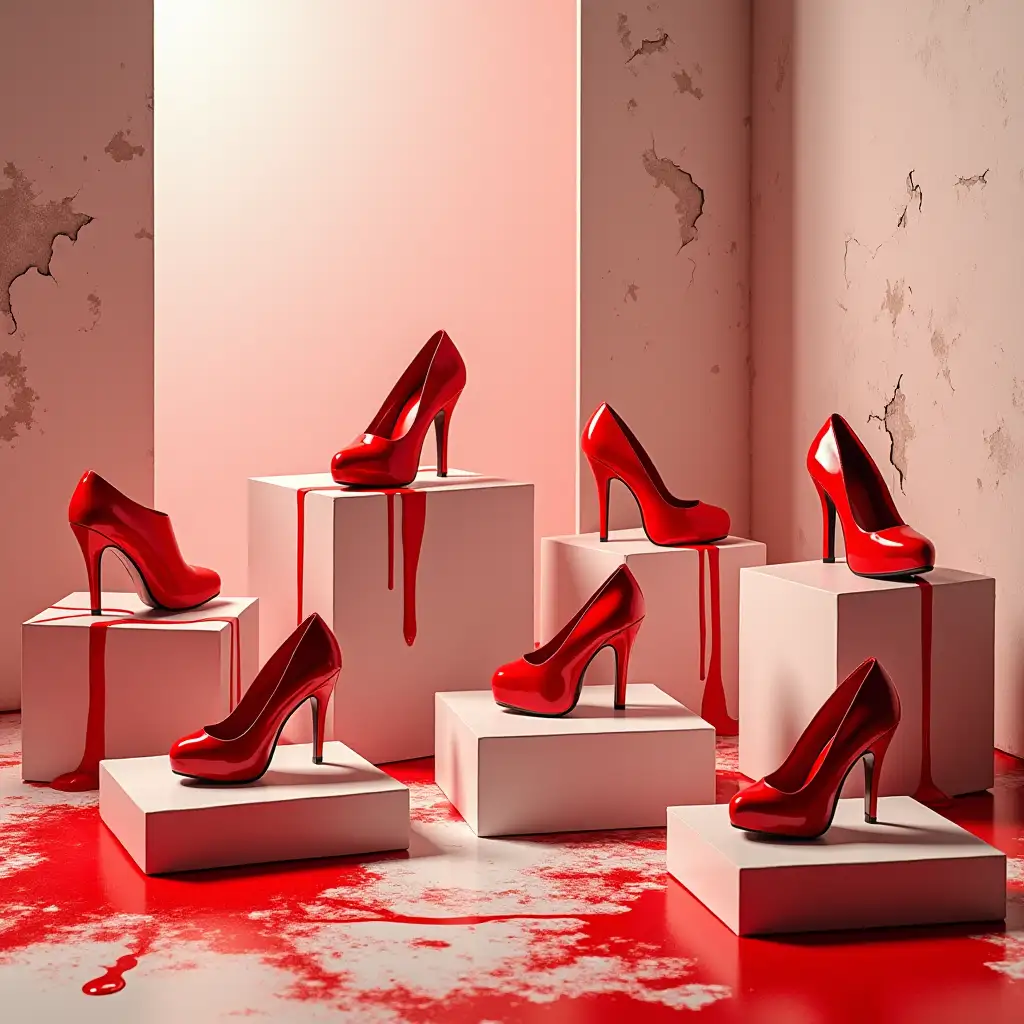 generates a photorealistic of many women's shoes all red, on white pedestals, dripping red paint effect, contrasting colors, minimalistic and mottled background with peeling wall, cinematic lighting, product showcase, surreal fashion concept, creative composition, attention to detail, dramatic shadows, high-end advertising aesthetics