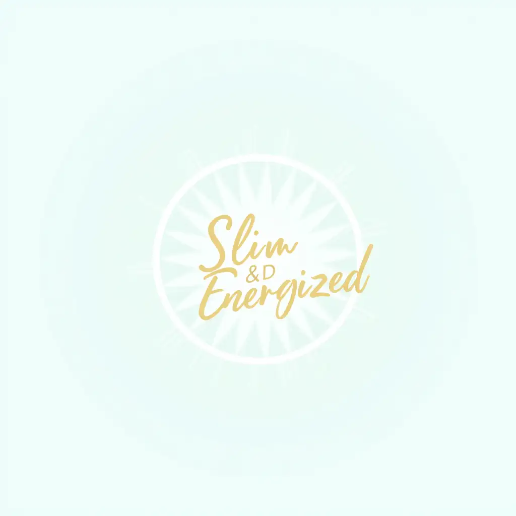 A clean and sophisticated round logo featuring the text Slim & Energized. The design is modern and airy, with the circle outline in a soft, metallic gold, and the text Slim & Energized in a sleek, sans-serif font with a slight gradient that adds depth. The background is a light, airy blue with a subtle sunburst effect radiating from the center, symbolizing new beginnings and energy.