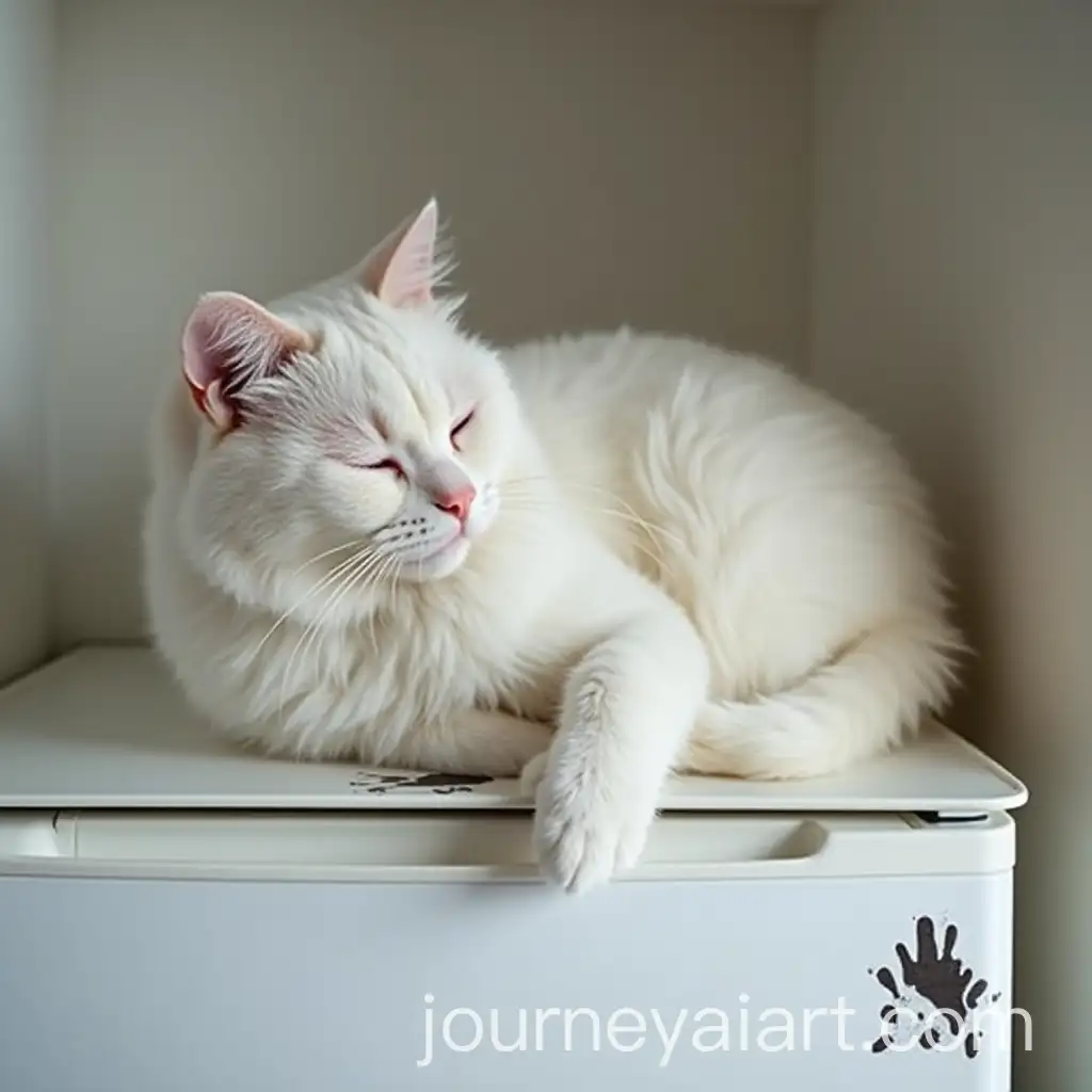 White-Cat-with-Black-Stains-Awaking-on-Fridge