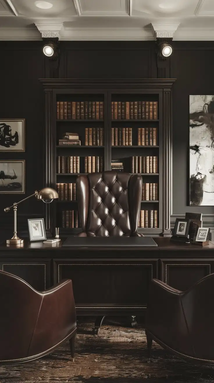 A front shot of a modern masculine dark and moody executive office.  Deep charcoal gray walls, dark wood paneling on the lower half of the walls. Dark wood executive desk in the center, facing forward. Plush, high-backed brown leather executive chair. Brass desk lamp and picture frames.  Bookshelf filled with leather-bound books in the background. Statement piece of abstract art on the wall. Soft, warm lighting. Realistic, photographic, high detail, 8k --ar 16:9