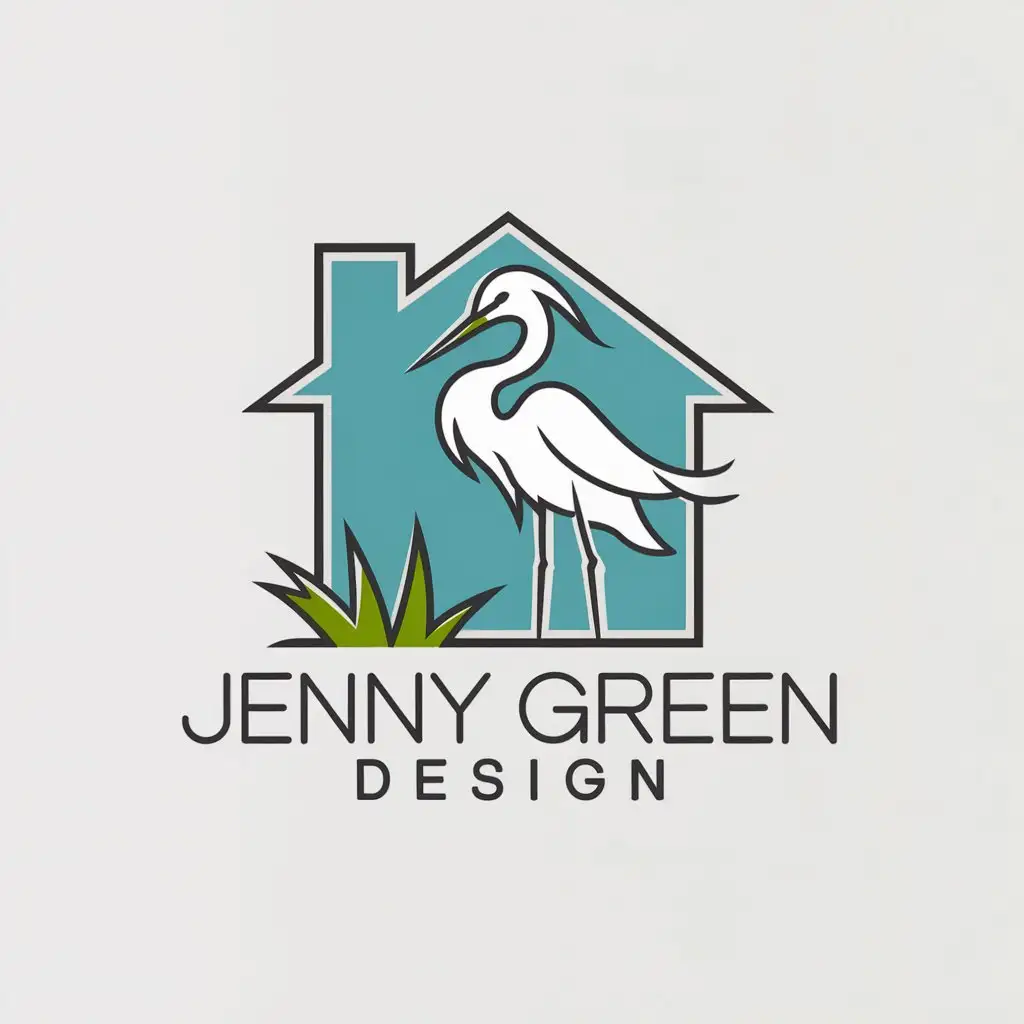 LOGO Design for Jenny Green Design Vector Logo with Standing White Egret and Home Outline