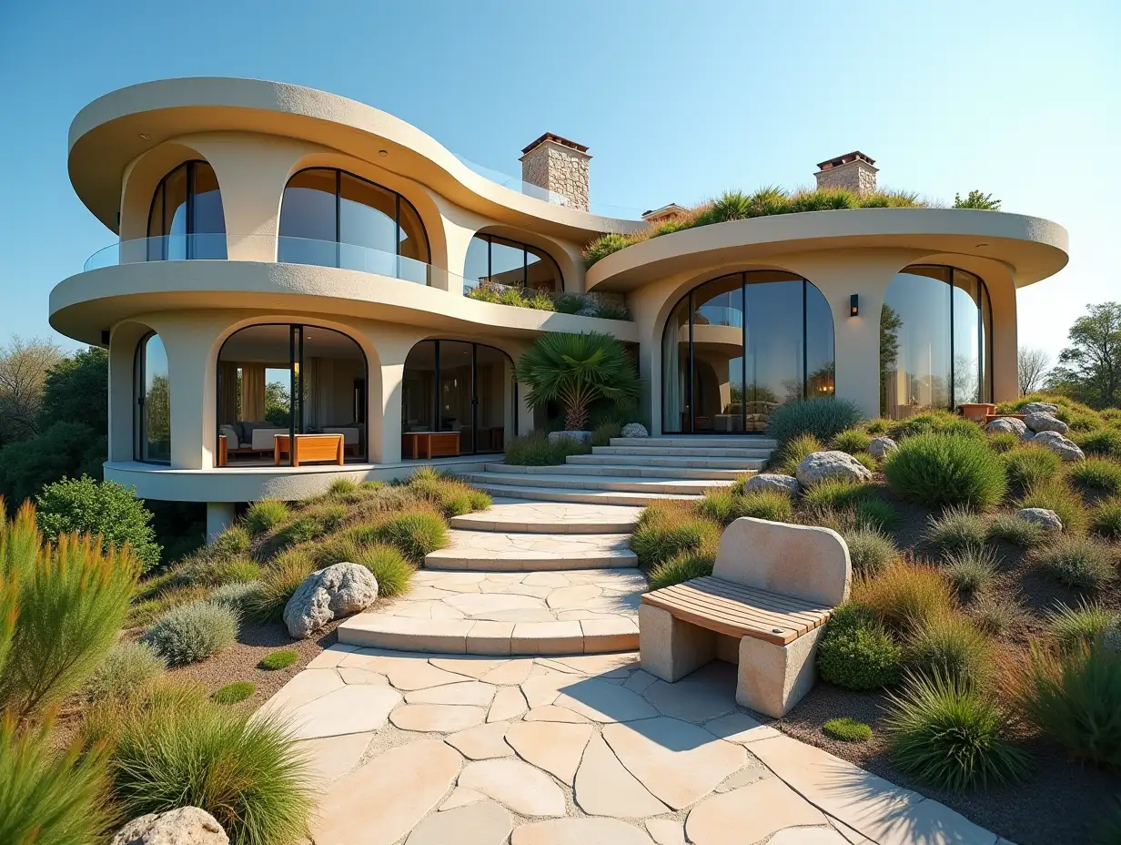 crooked House by the beach garden   Planting-with stucco in shape of plant decoration, large windows with glass to, curved, smooth window shapes, winding big entrance steps from marble Complex curved roof with dike,Lanterns,Bench 4K resolution Colorful superWide-angle shots