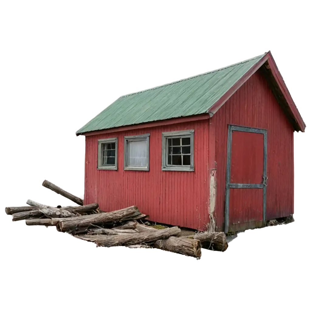 a red wooden shack with log storage, the shack has been abandoned for some time