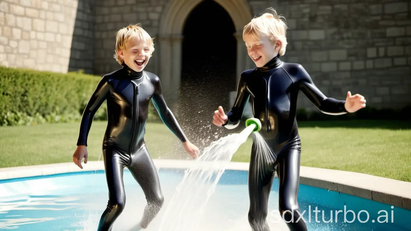 two ten year old blond boys wearing tight dark rubber surfsuits. splashing themselves with a water hose. playing in a large secluded castle garden. large pool, sunny day, joyous setting. full view from the front.