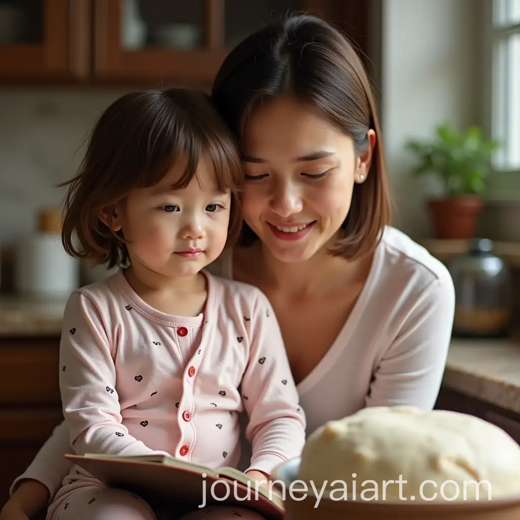 Toddler-and-Mother-Reading-Together-with-Rising-Dough-in-the-Background