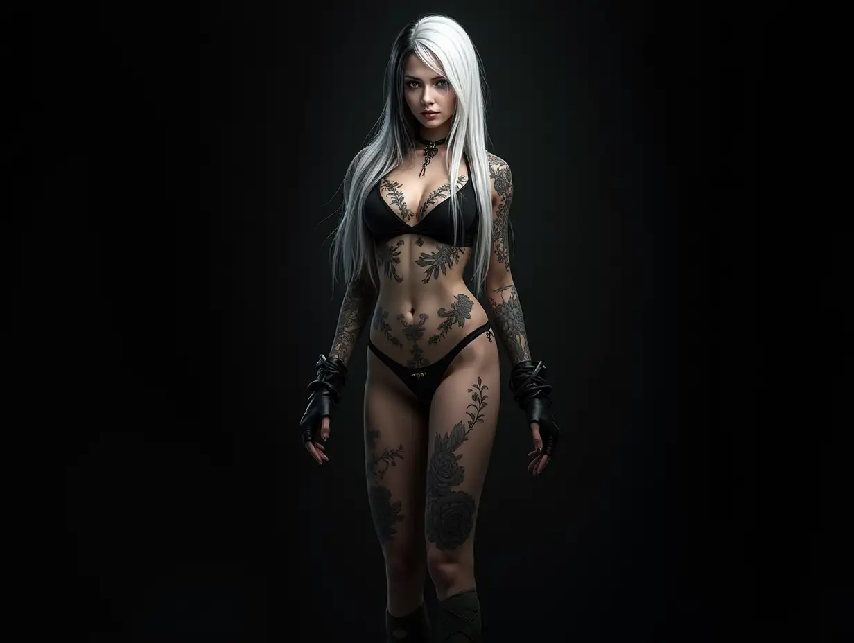 depiction of a beautiful white woman with death tattoos and long mixed white with black hair in a futuristic style and black background showing full body