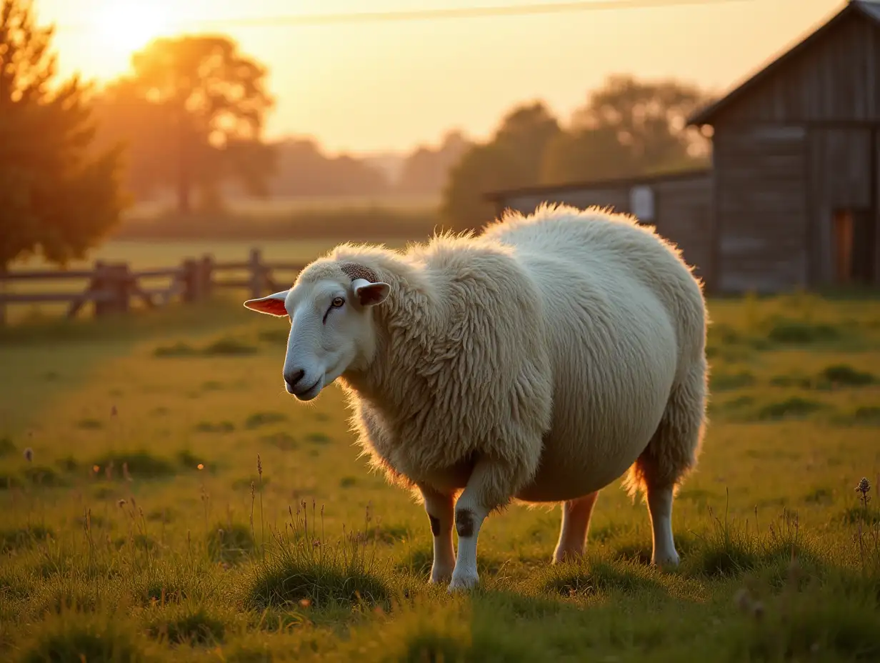 A tranquil rural farm scene during golden hour, featuring a massive, white, heavily pregnant sheep standing alone in a lush, grassy field. The sheep’s enormous, sagging belly is prominently visible, and its posture reflects fatigue, with its head slightly lowered and legs appearing wobbly under the weight. The sheep’s mouth is open, letting out soft, strained bleats, emphasizing its discomfort. The warm, golden sunlight bathes the sheep’s wool, highlighting its texture and creating an emotional, poignant atmosphere. The backdrop includes a rustic wooden barn, distant trees, and uneven patches of grass, enhancing the serene yet urgent setting.