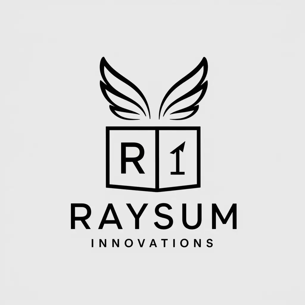 LOGO Design for Raysum Innovations Box with Angel Wings and RI Text on White Background