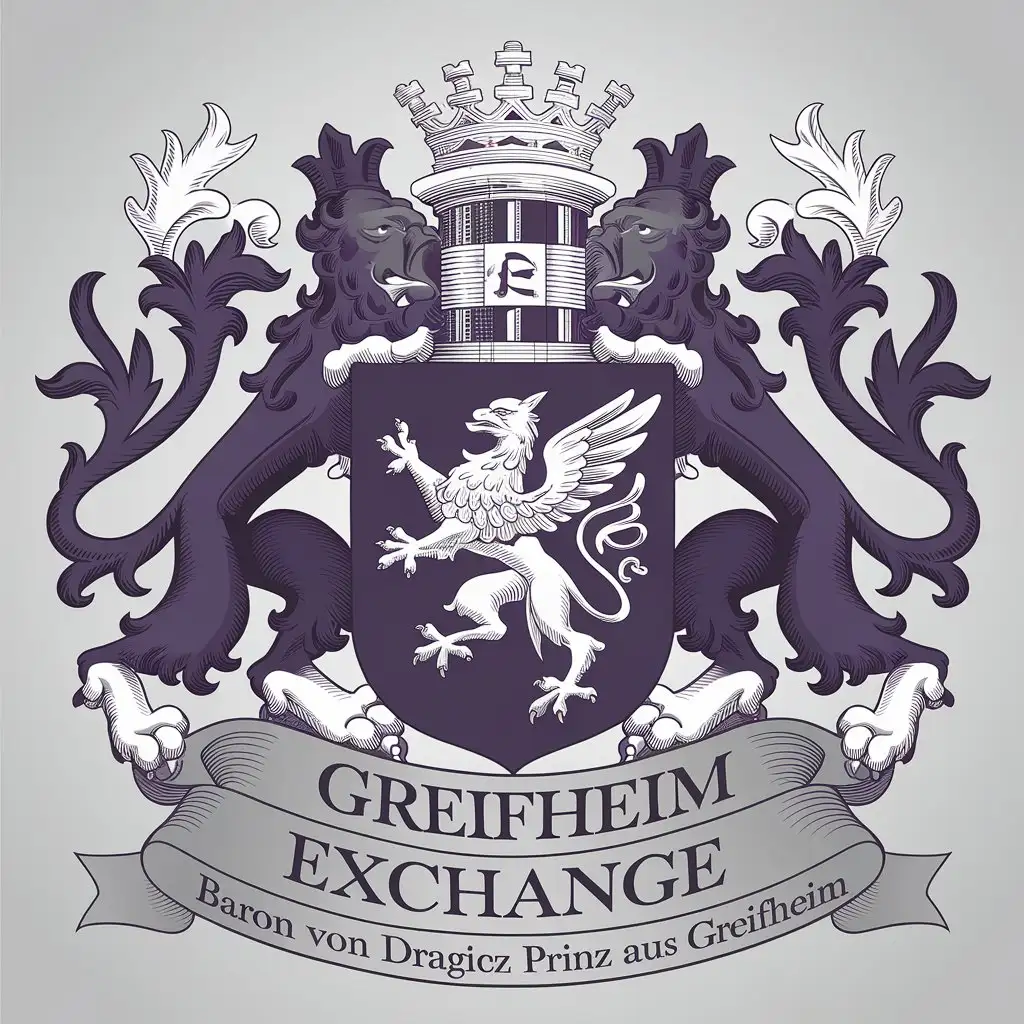 a vector logo design,with the text "Greifheim Exchange", main symbol:Coat of arms crypto exchange logo. The logo is in the form of a coat of arms. On a dark purple shield, a silver griffin. The exchange owner is baron von Dragicz prinz aus Greifheim.,complex,be used in Finance industry,clear background