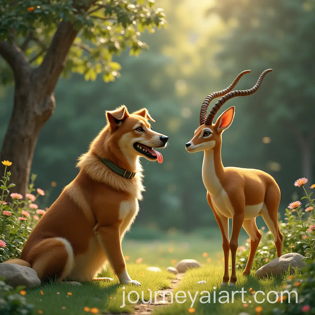 Dog-and-Gazelle-Together-in-a-Garden-Setting